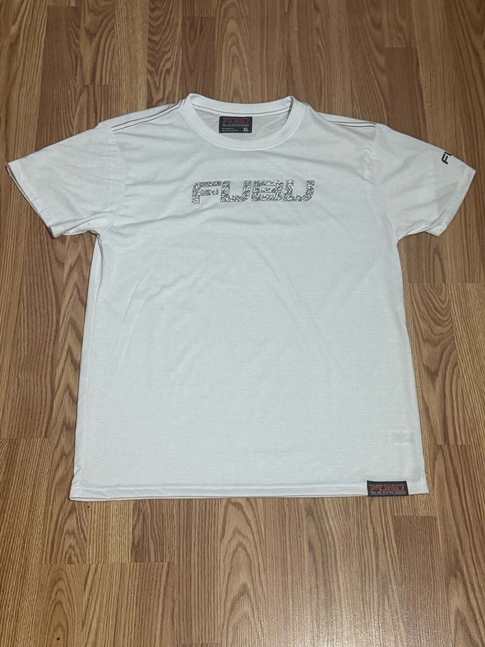 Y2K Vintage FUBU Mens Signature Metallic Applique T-Shirt White XL